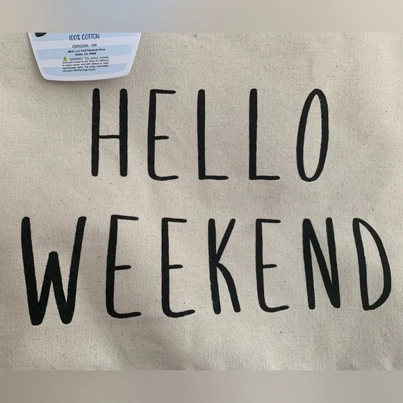 NWT Large Tote: Oatmeal Color 💯% Cotton Hello Weekend 23x14x5 inches - Picture 3 of 7